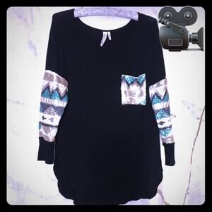 Black sequined front pocket & sleeves top, L